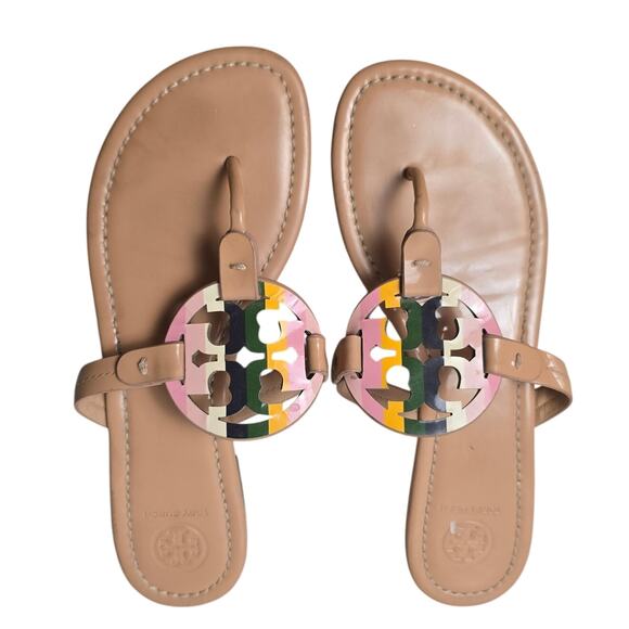 Tory Burch Pastel Rainbow MILLER Flat Thong Sandals Patent Leather Size 8 - Picture 1 of 4